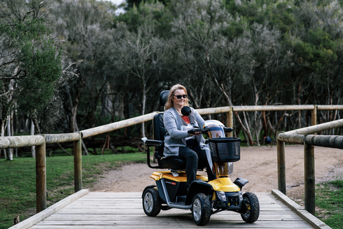 A woman riding a yellow mobility scooter on a wooden bridge