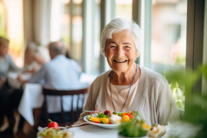 Happy elderly woman eating well balanced healthy meal